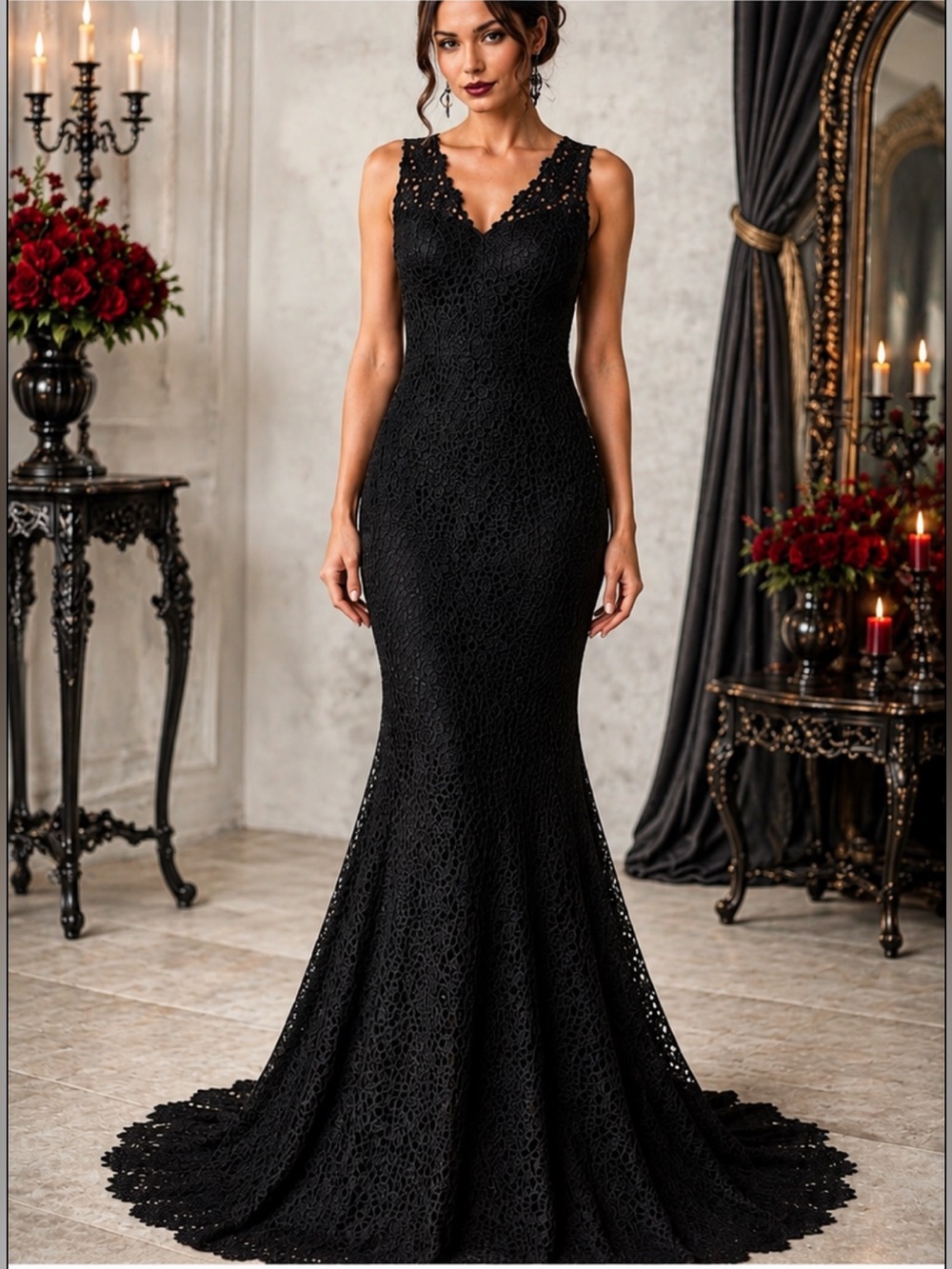 Ann Taylor Black Guipure Lace mermaid Gown with Train